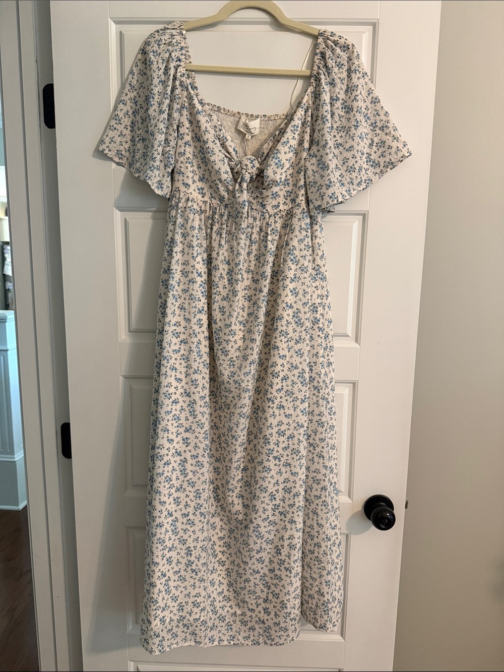 Cream Floral Tie-Front Midi Dress with Blue Print